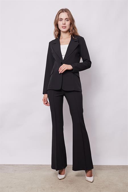 Kadın Yakalı Cep Kapaklı Tek Düğme Hafif Lirkalı Kumaş Blazer Ofis Ceket(Pantolon Kodu Jument 40082)-Siyah