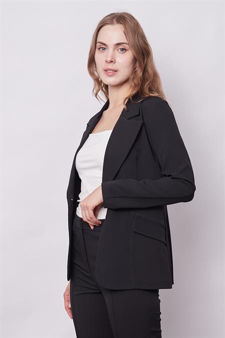 Kadın Yakalı Cep Kapaklı Tek Düğme Hafif Lirkalı Kumaş Blazer Ofis Ceket(Pantolon Kodu Jument 40082)-Siyah