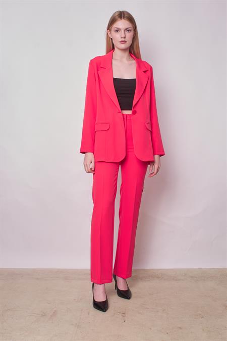 Kadın Yakalı Cep Kapaklı Uzun Kol Hafif Likralı Kumaş Oversize Blazer Ceket(Pantolonu Jument 40075)-Mercan