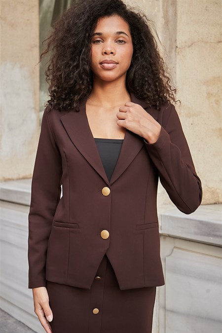 Kadın Yakalı Çift Düğmeli Flato Cepli Uzun Kol Blazer Esnek Premium Kumaş Ceket-Kahve