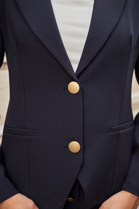 Kadın Yakalı Çift Düğmeli Flato Cepli Uzun Kol Blazer Esnek Premium Kumaş Ceket-Lacivert