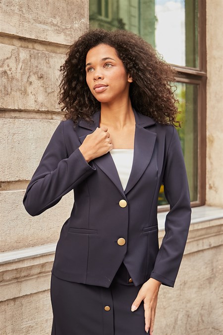 Kadın Yakalı Çift Düğmeli Flato Cepli Uzun Kol Blazer Esnek Premium Kumaş Ceket-Lacivert