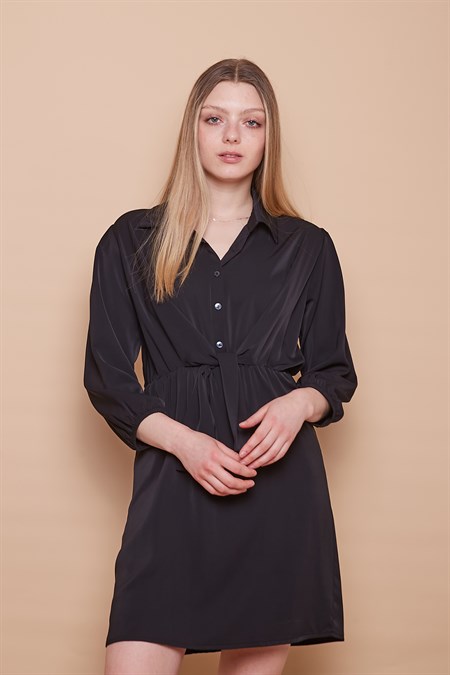 Yakalı Düğmeli Kapri Kol Astarlı Baharlık Elbise-Siyah