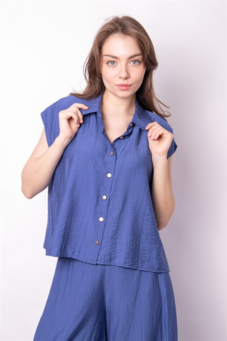 Kadın Yakalı Düşük Omuzlu Düğmeli Salaş Gömlek-İndigo