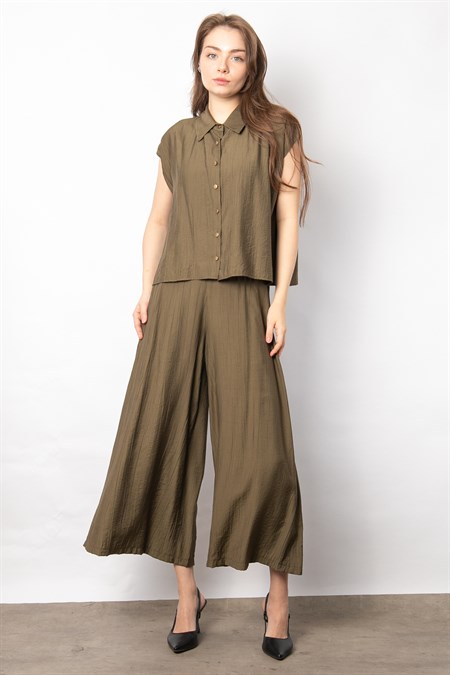 Kadın Yakalı Düşük Omuzlu Düğmeli Salaş Gömlek-Haki