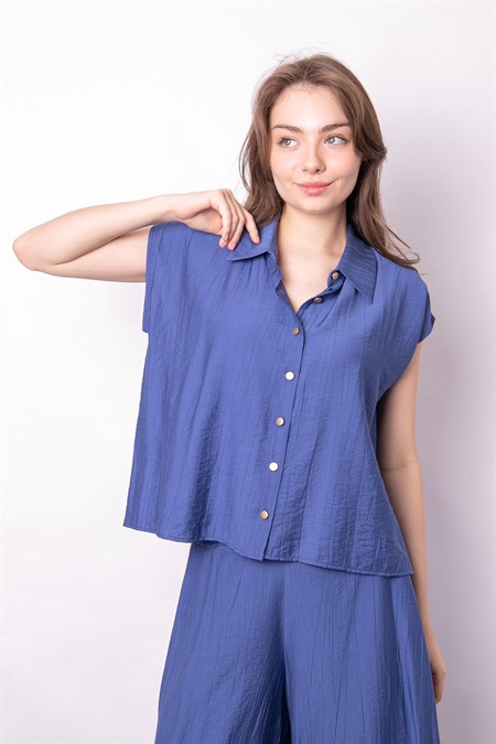 Kadın Yakalı Düşük Omuzlu Düğmeli Salaş Gömlek-İndigo