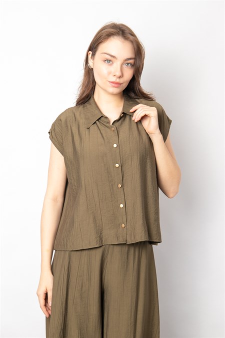 Kadın Yakalı Düşük Omuzlu Düğmeli Salaş Gömlek-Haki