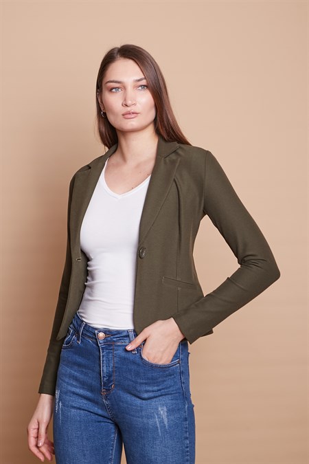 Yakalı Flato Cepli Uzun Kol Pamuklu Kumaş Kısa Blazer Ofis Ceket -Haki 