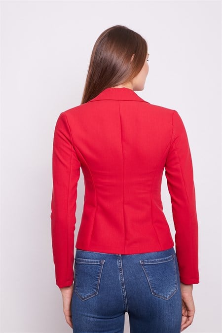 Yakalı Flato Cepli Uzun Kol Pamuklu Kumaş Kısa Blazer Ofis Ceket -Kırmızı