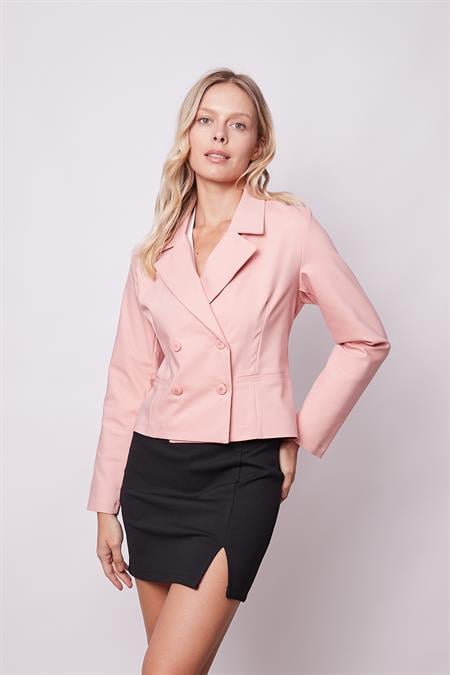 Kadın Yakalı Flato Cepli Uzun Kol Kruvaze Anvelop Hafif Likralı Kumaş Blazer Ceket-Pudra