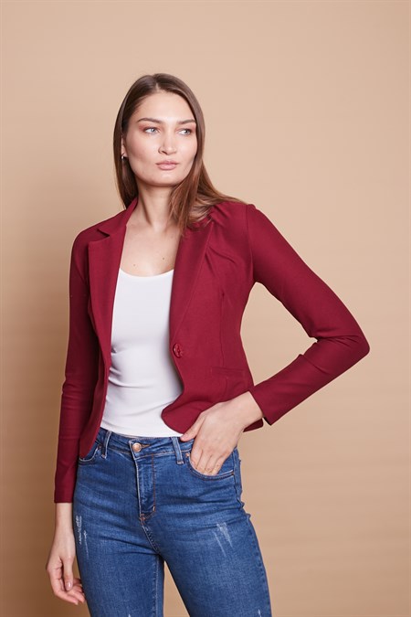 Yakalı Flato Cepli Uzun Kol Pamuklu Kumaş Kısa Blazer Ofis Ceket -Bordo