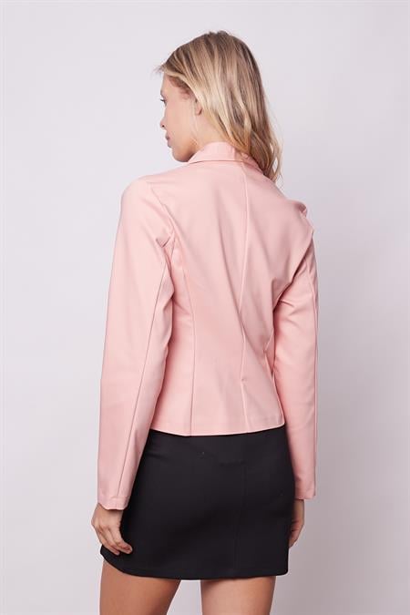 Kadın Yakalı Flato Cepli Uzun Kol Kruvaze Anvelop Hafif Likralı Kumaş Blazer Ceket-Pudra