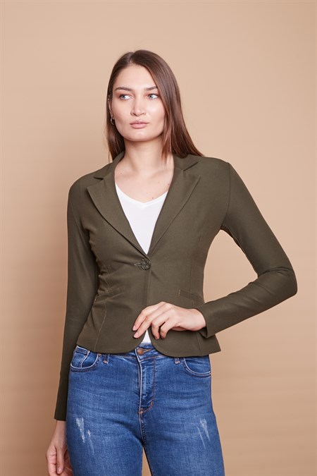 Yakalı Flato Cepli Uzun Kol Pamuklu Kumaş Kısa Blazer Ofis Ceket -Haki 