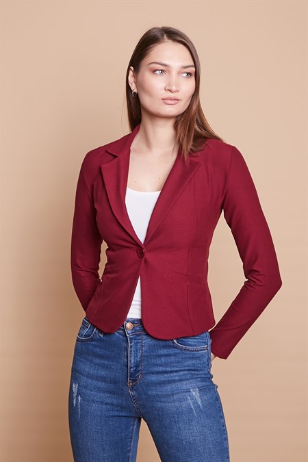Yakalı Flato Cepli Uzun Kol Pamuklu Kumaş Kısa Blazer Ofis Ceket -Bordo