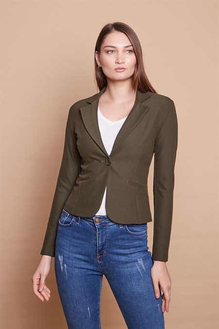 Yakalı Flato Cepli Uzun Kol Pamuklu Kumaş Kısa Blazer Ofis Ceket -Haki 