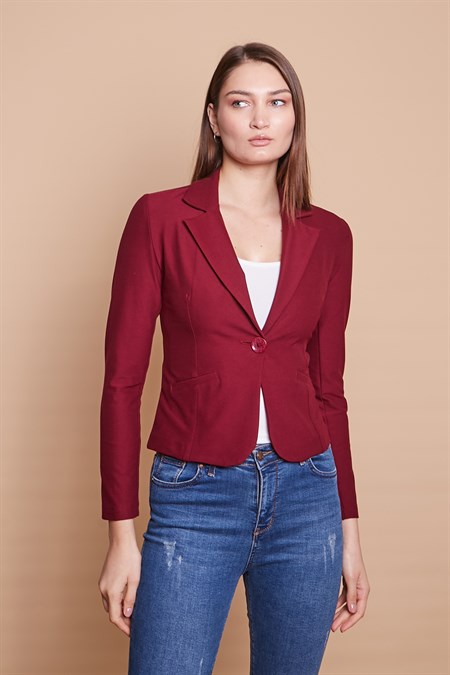 Yakalı Flato Cepli Uzun Kol Pamuklu Kumaş Kısa Blazer Ofis Ceket -Bordo