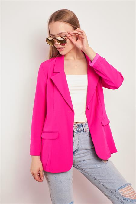 Yakalı Kolu Katlamalı Cep Kapaklı Salaş Boyfriend Oversize Hafif Likralı Kumaş Blazer Ceket-Fujya
