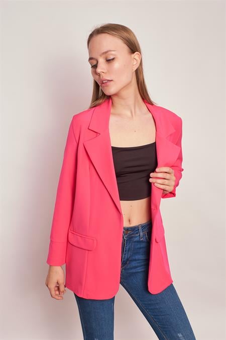 Yakalı Kolu Katlamalı Cep Kapaklı Salaş Boyfriend Oversize Hafif Likralı Kumaş Blazer Ceket-Koyu Pembe