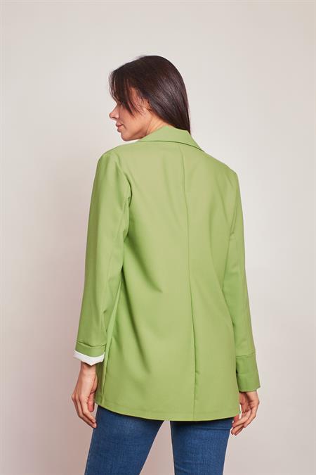 Yakalı Kolu Katlamalı Cep Kapaklı Salaş Boyfriend Oversize Hafif Likralı Kumaş Blazer Ceket-Fıstık Yeşili 