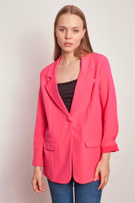 Yakalı Kolu Katlamalı Cep Kapaklı Salaş Boyfriend Oversize Hafif Likralı Kumaş Blazer Ceket-Koyu Pembe