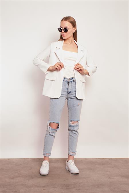 Yakalı Kolu Katlamalı Cep Kapaklı Salaş Boyfriend Oversize Hafif Likralı Kumaş Blazer Ceket-Krem