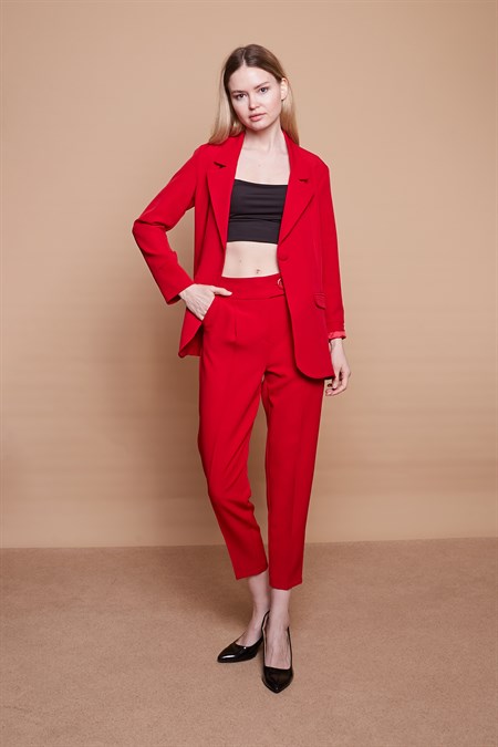 Yakalı Kolu Katlamalı Cep Kapaklı Salaş Boyfriend Oversize Hafif Likralı Kumaş Blazer Ceket-Kırmızı