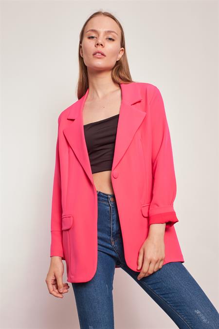 Yakalı Kolu Katlamalı Cep Kapaklı Salaş Boyfriend Oversize Hafif Likralı Kumaş Blazer Ceket-Koyu Pembe