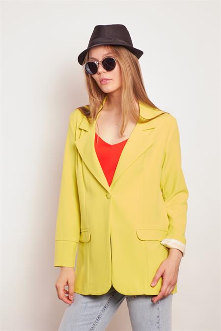 Yakalı Kolu Katlamalı Cep Kapaklı Salaş Boyfriend Oversize Hafif Likralı Kumaş Blazer Ceket-Neon Sarı