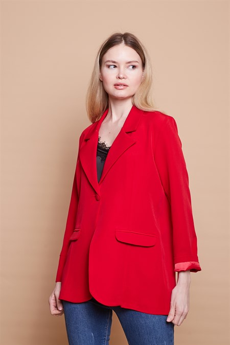 Yakalı Kolu Katlamalı Cep Kapaklı Salaş Boyfriend Oversize Hafif Likralı Kumaş Blazer Ceket-Kırmızı