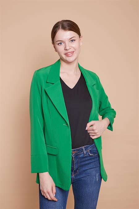 Yakalı Kolu Katlamalı Cep Kapaklı Salaş Boyfriend Oversize Hafif Likralı Kumaş Blazer Ceket -B.Yeşil 