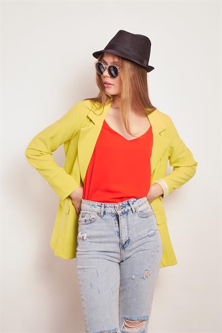 Yakalı Kolu Katlamalı Cep Kapaklı Salaş Boyfriend Oversize Hafif Likralı Kumaş Blazer Ceket-Neon Sarı