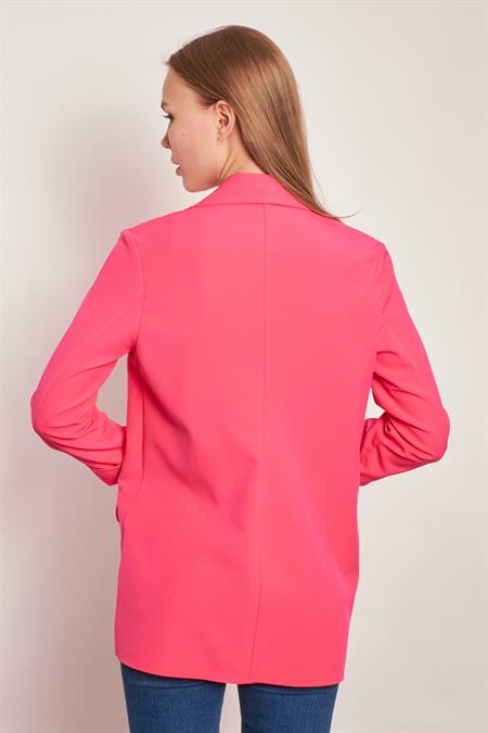 Yakalı Kolu Katlamalı Cep Kapaklı Salaş Boyfriend Oversize Hafif Likralı Kumaş Blazer Ceket-Koyu Pembe