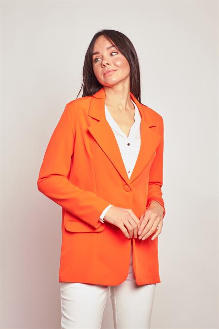 Yakalı Kolu Katlamalı Cep Kapaklı Salaş Boyfriend Oversize Hafif Likralı Kumaş Blazer Ceket-Koyu Oranj 