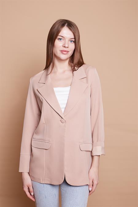 Yakalı Kolu Katlamalı Cep Kapaklı Salaş Boyfriend Oversize Hafif Likralı Kumaş Blazer Ceket -Bej