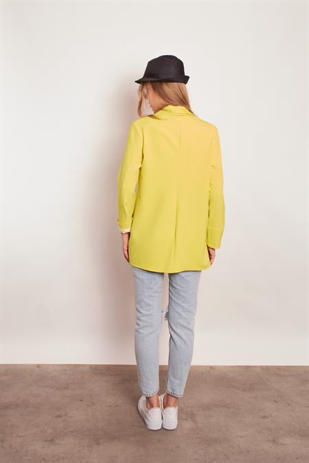 Yakalı Kolu Katlamalı Cep Kapaklı Salaş Boyfriend Oversize Hafif Likralı Kumaş Blazer Ceket-Neon Sarı