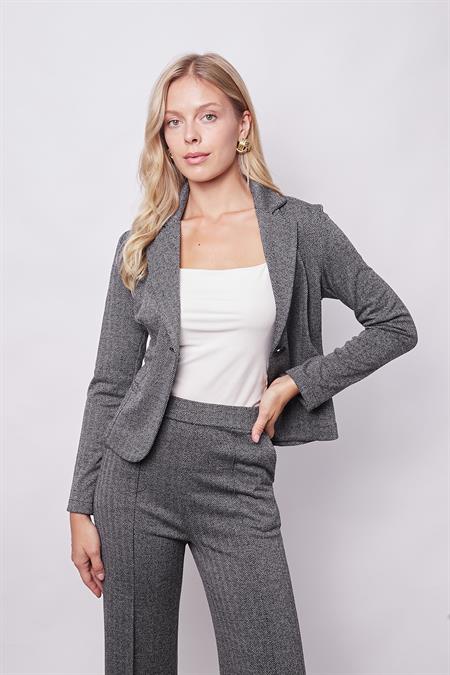 Kadın Desenli Hafif Likralı Yumuşak Dokulu Yakalı Uzun Kol Mono Blazer Ceket-Siyah Balıksırtı