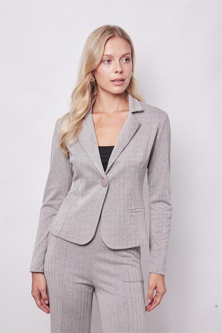 Kadın Desenli Hafif Likralı Yumuşak Dokulu Yakalı Uzun Kol Mono Blazer Ceket-Bej Balıksırtı