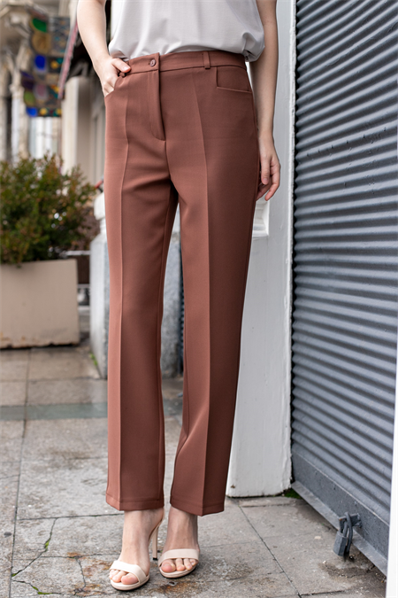 Kadın Yüksek Bel Alman Cepli Boru Paça Bacak Kısmı Rahat Hafif Esnek Kumaş Pantolon-Koyu Taba 