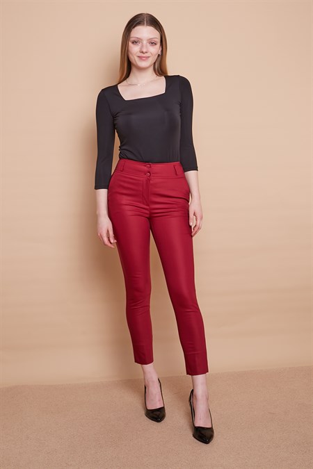 Yüksek Bel Cepli Paçası Yırtmaçlı Bilek Boy Hafif Likralı Kumaş Şık Ofis Pantolon-Bordo