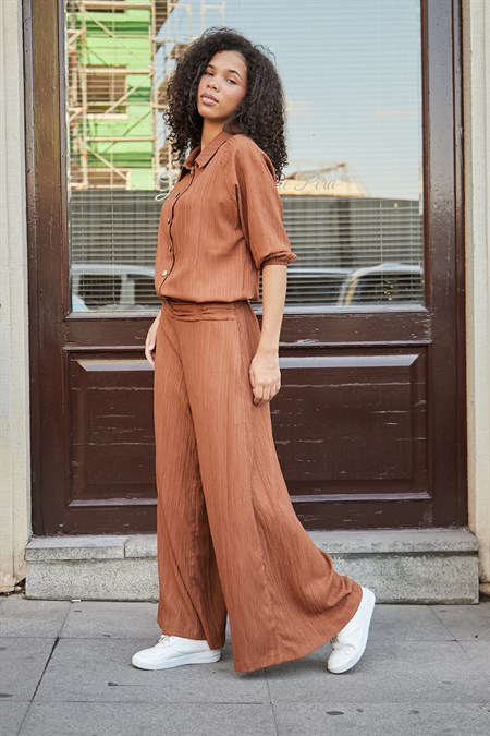 Kadın Premium Kumaş Yüksek Bel Beli Büzgülü Yan Cepli Bol Paça Palazzo Pantolon-Taba