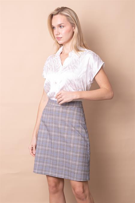 Yüksek Bel Hafif Likralı Kumaş Diz Boy Çan Etek-Gri Mavi Ekose 