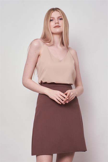 Yüksek Bel Hafif Likralı Kumaş Diz Boy Çan Etek-Sütlü Kahve 