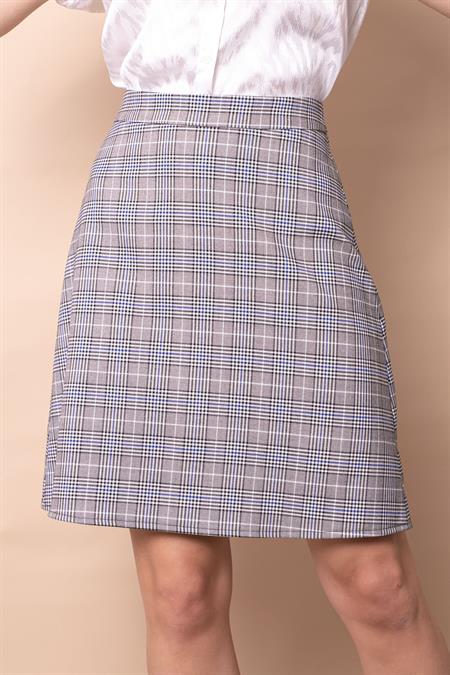 Yüksek Bel Hafif Likralı Kumaş Diz Boy Çan Etek-Gri Mavi Ekose 