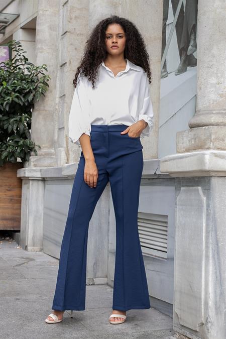 Kadın Yüksek Bel Cepli İspanyol Paça Önü Dikişli Hafif Likralı Kumaş Pantolon(Ceket kodu Jument 30080)-Lacivert