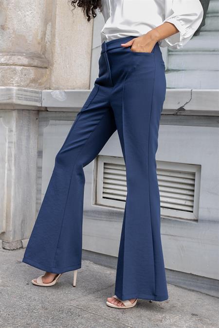 Kadın Yüksek Bel Cepli İspanyol Paça Önü Dikişli Hafif Likralı Kumaş Pantolon(Ceket kodu Jument 30080)-Lacivert
