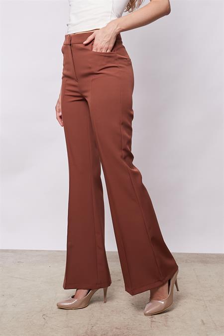 Kadın Yüksek Bel Cepli İspanyol Paça Önü Dikişli Hafif Likralı Kumaş Pantolon(Ceket kodu Jument 30080)-Taba