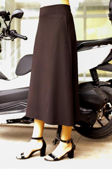 Kadın Yüksek Bel Cepli Şık Kumaş Midi Boy Diz Altı Kiloş Çan Etek-Koyu Kahve