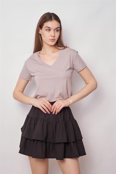 Kadın Yüksek Bel Çift Fırfırlı Etek -Siyah 