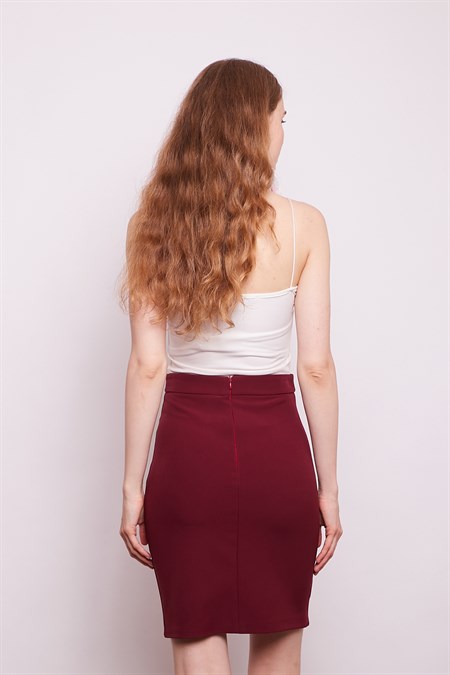 Yüksek Bel Diz Üstü Likralı Pamuklu Şık Kumaş Kalem Etek-Bordo