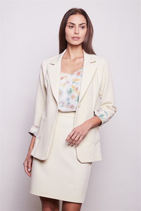 Yüksek Bel Diz Üstü Likralı Pamuklu Şık Kumaş Kalem Etek-Şampanya